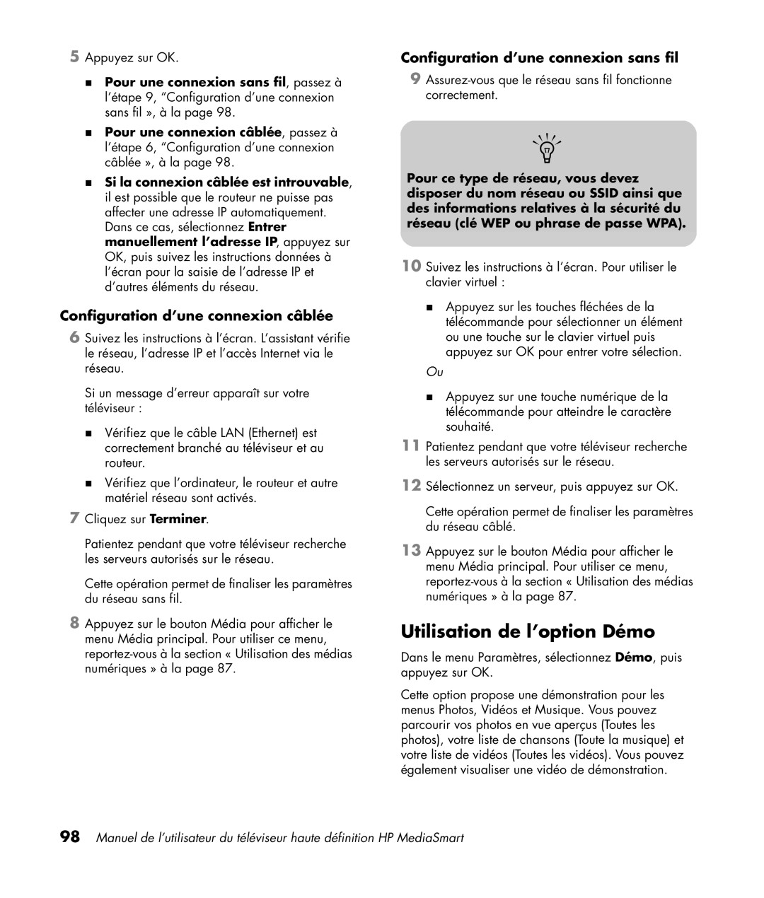 HP SL4282N 42 inch manual Utilisation de l’option Démo, Configuration d’une connexion câblée 