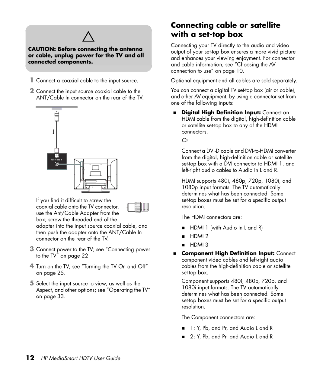 HP SL4282N 42 inch manual Connecting cable or satellite with a set-top box 