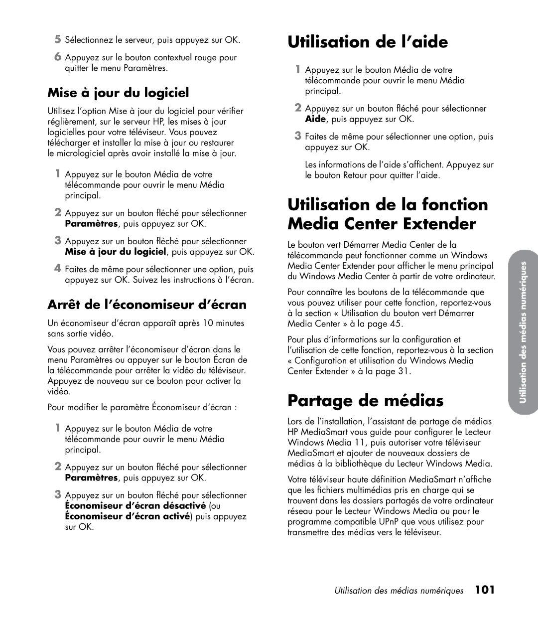 HP SL4282N 42 inch manual Utilisation de l’aide, Utilisation de la fonction Media Center Extender, Partage de médias 