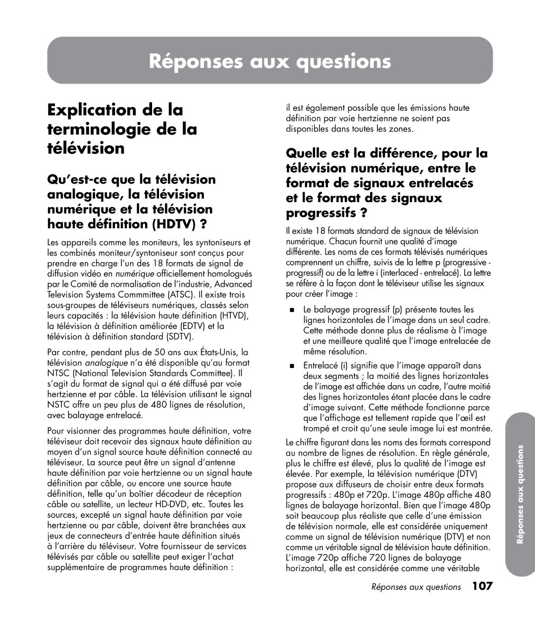 HP SL4282N 42 inch manual Réponses aux questions, Explication de la terminologie de la télévision 