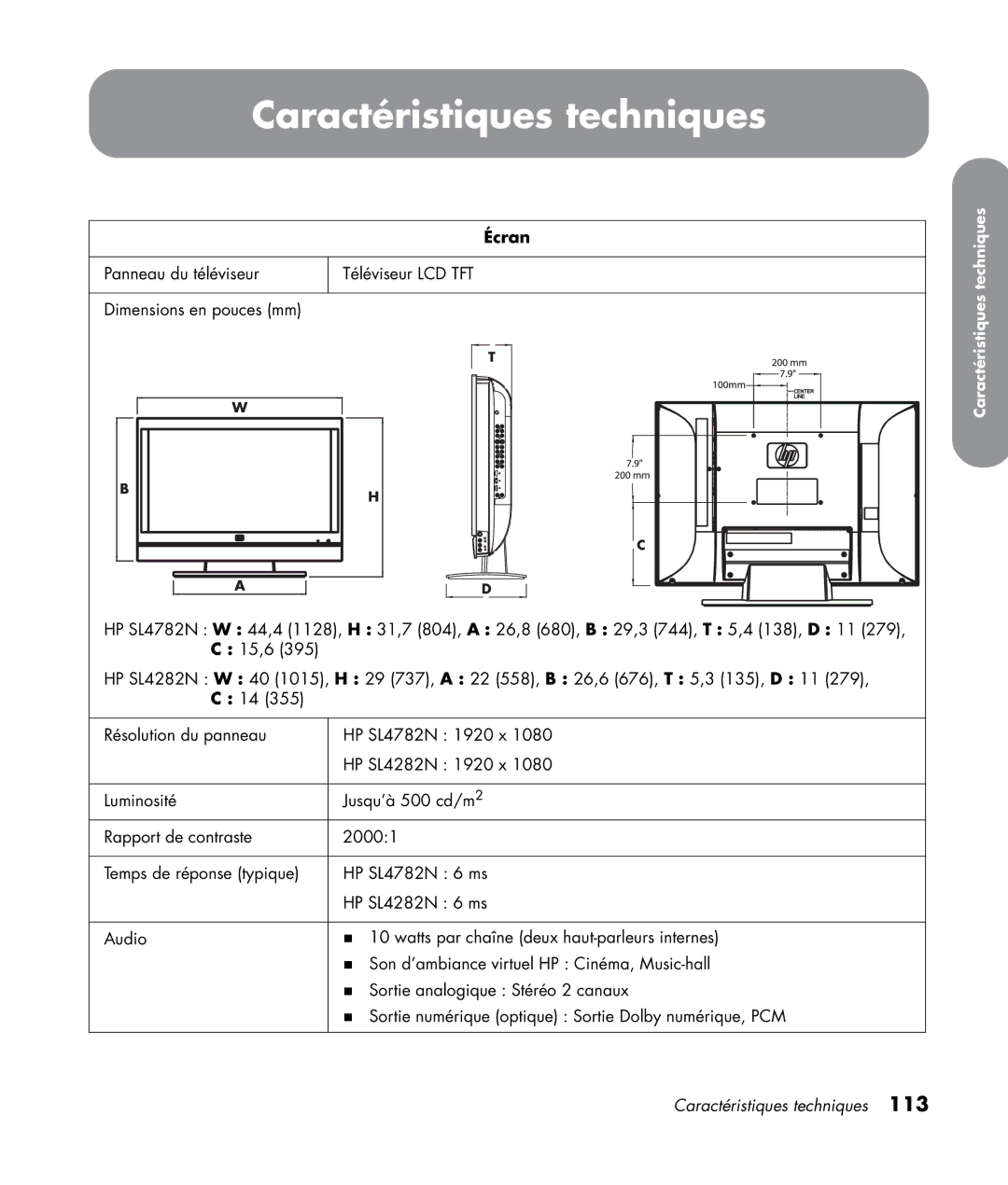 HP SL4282N 42 inch manual Caractéristiques techniques, Écran 