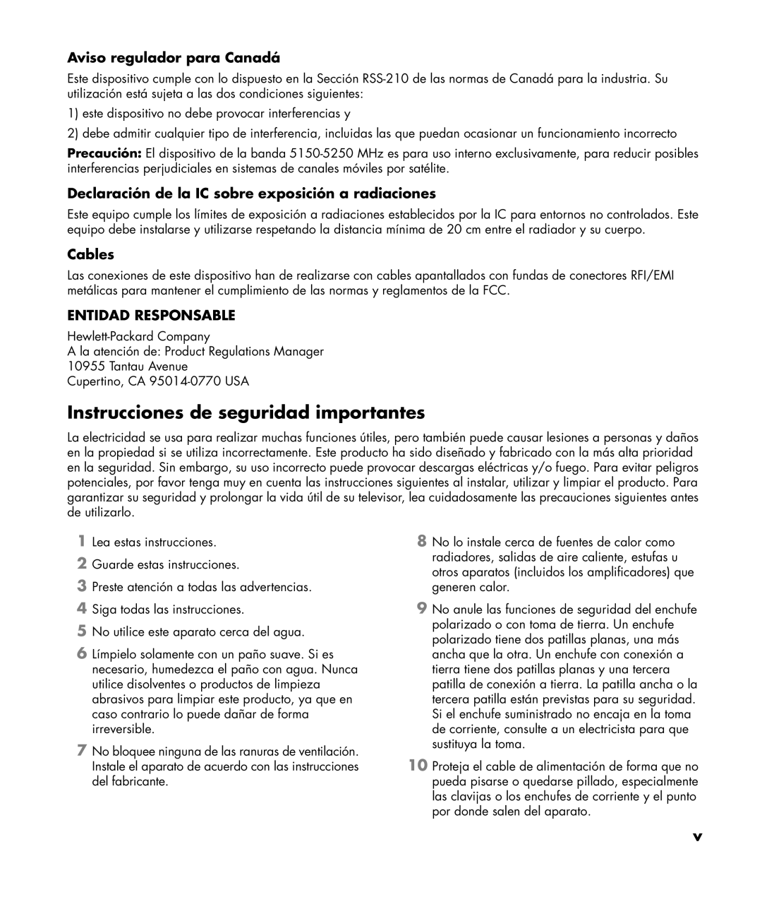 HP SL4282N 42 inch manual Instrucciones de seguridad importantes, Aviso regulador para Canadá 