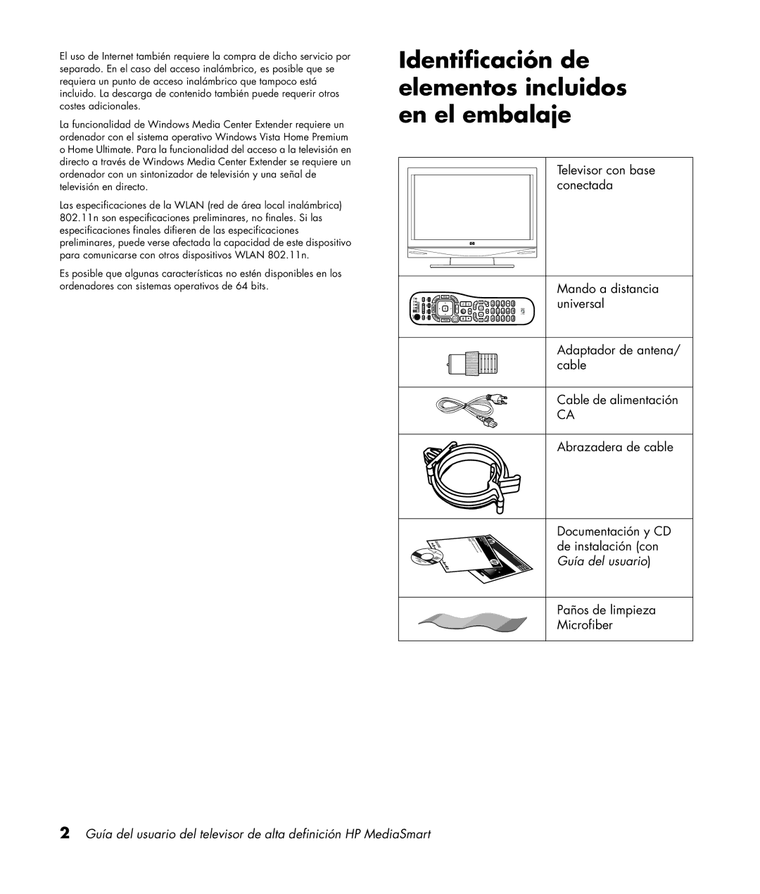 HP SL4282N 42 inch manual Identificación de elementos incluidos en el embalaje 