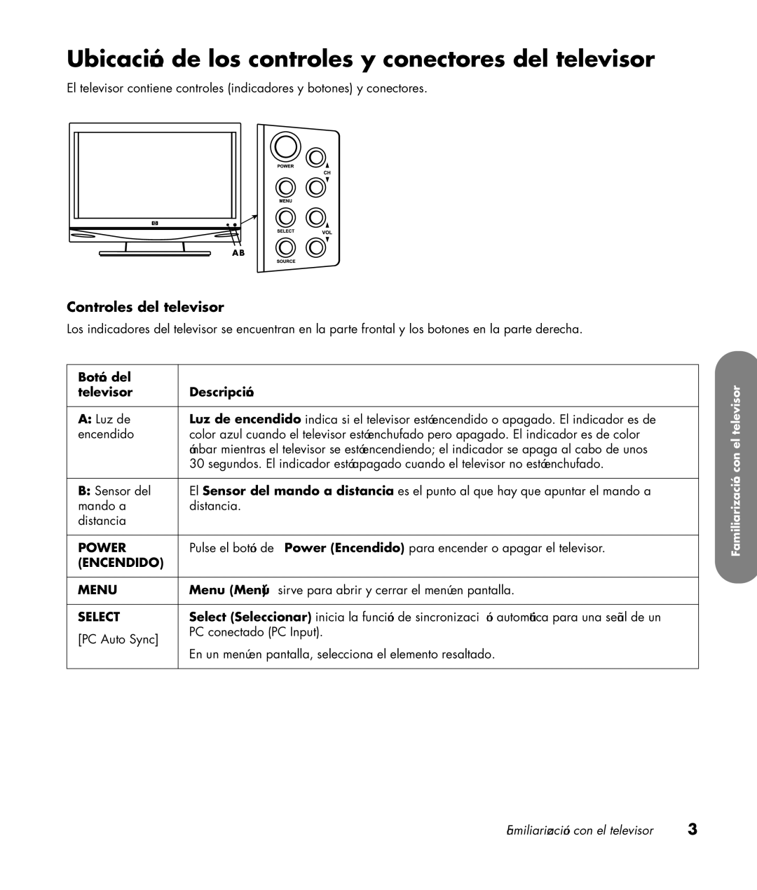 HP SL4282N 42 inch manual Ubicación de los controles y conectores del televisor, Controles del televisor, Botón del 