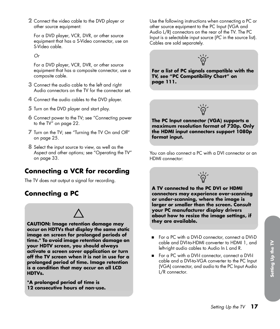 HP SL4282N 42 inch manual Connecting a VCR for recording, Connecting a PC 