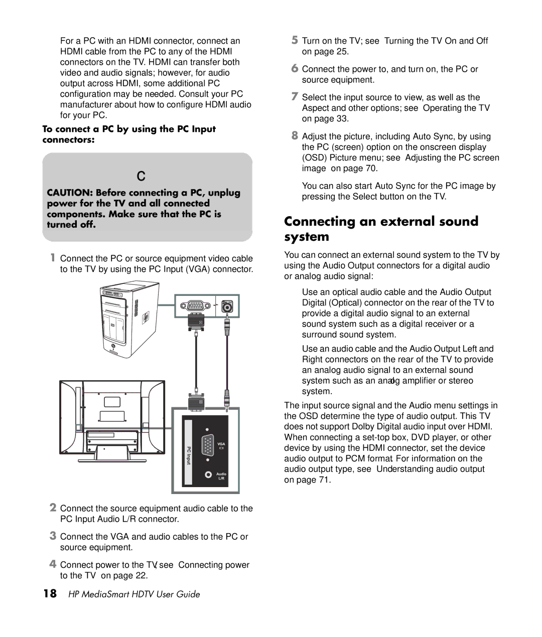 HP SL4282N 42 inch manual Connecting an external sound system, To connect a PC by using the PC Input connectors 