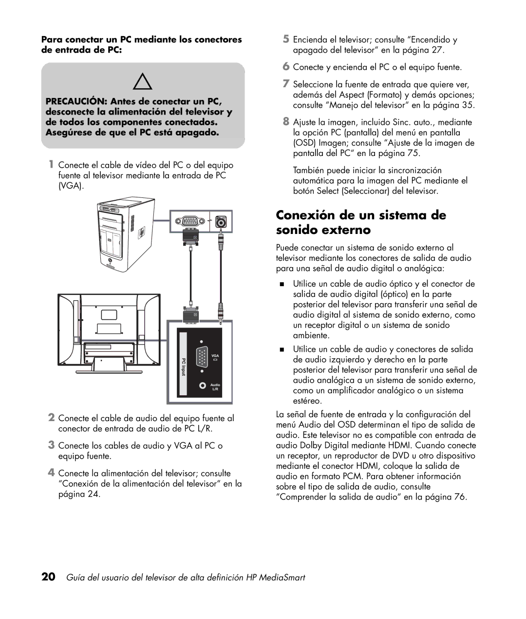 HP SL4282N 42 inch manual Conexión de un sistema de sonido externo 