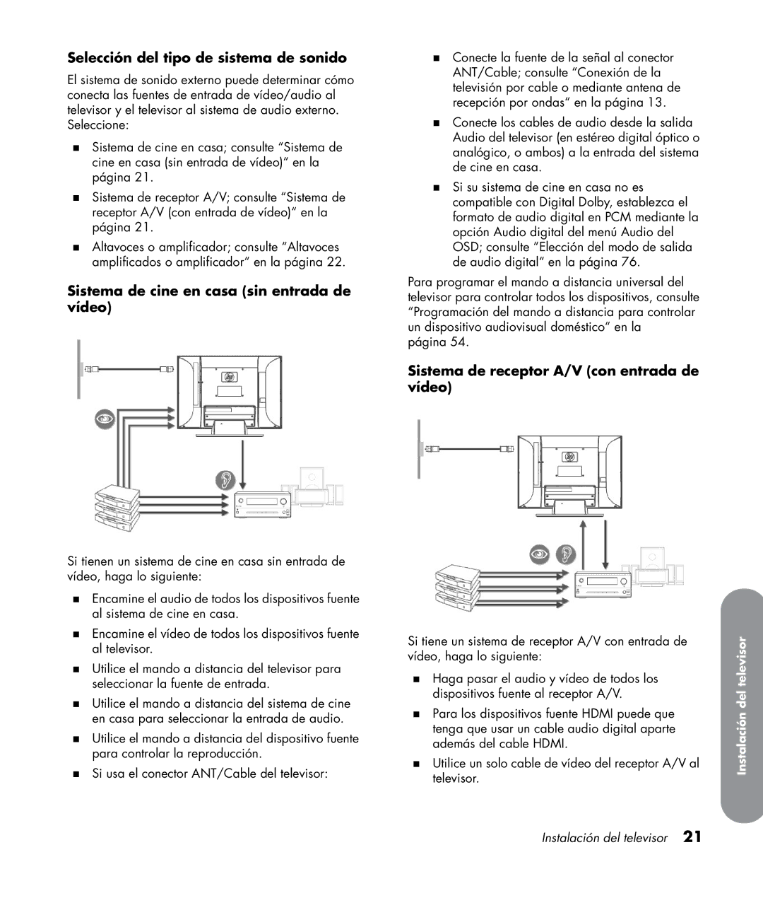 HP SL4282N 42 inch manual Selección del tipo de sistema de sonido, Sistema de cine en casa sin entrada de vídeo 