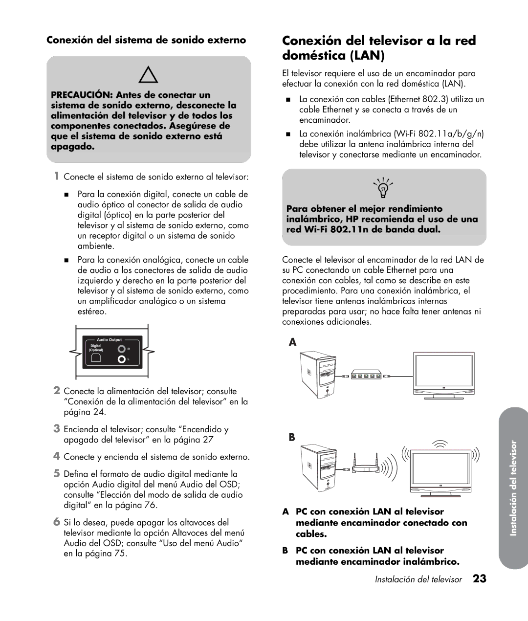 HP SL4282N 42 inch manual Conexión del televisor a la red doméstica LAN, Conexión del sistema de sonido externo 