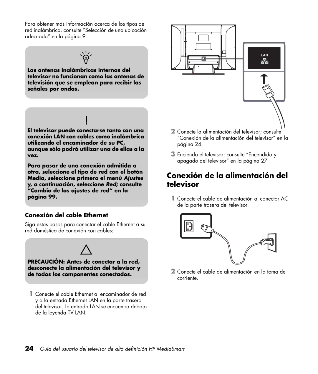 HP SL4282N 42 inch manual Conexión de la alimentación del televisor, Conexión del cable Ethernet 