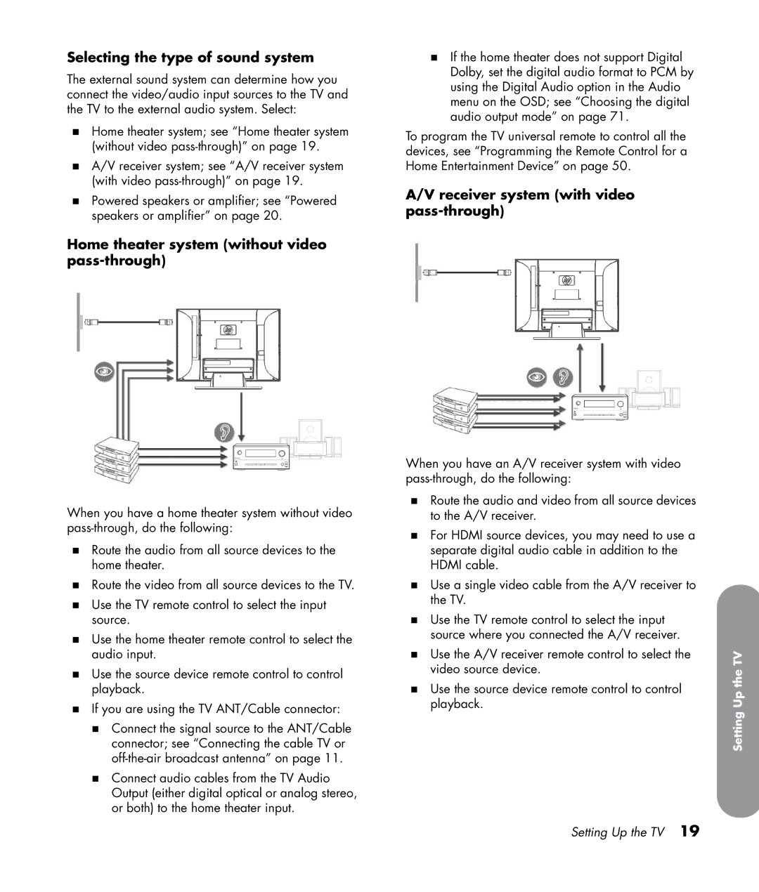 HP SL4282N 42 inch manual Selecting the type of sound system, Home theater system without video pass-through 