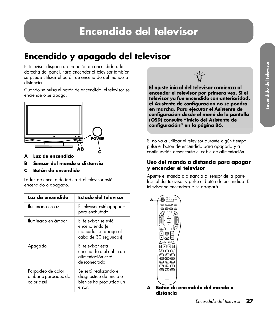 HP SL4282N 42 inch manual Encendido del televisor, Encendido y apagado del televisor, Luz de encendido Estado del televisor 