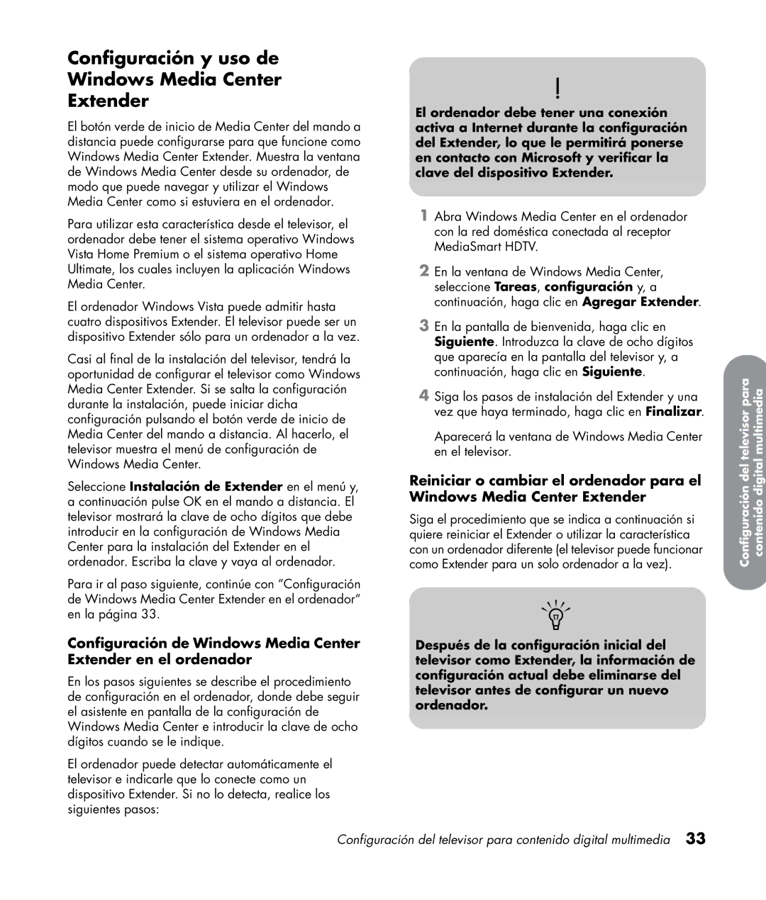 HP SL4282N 42 inch manual Configuración y uso de Windows Media Center Extender 