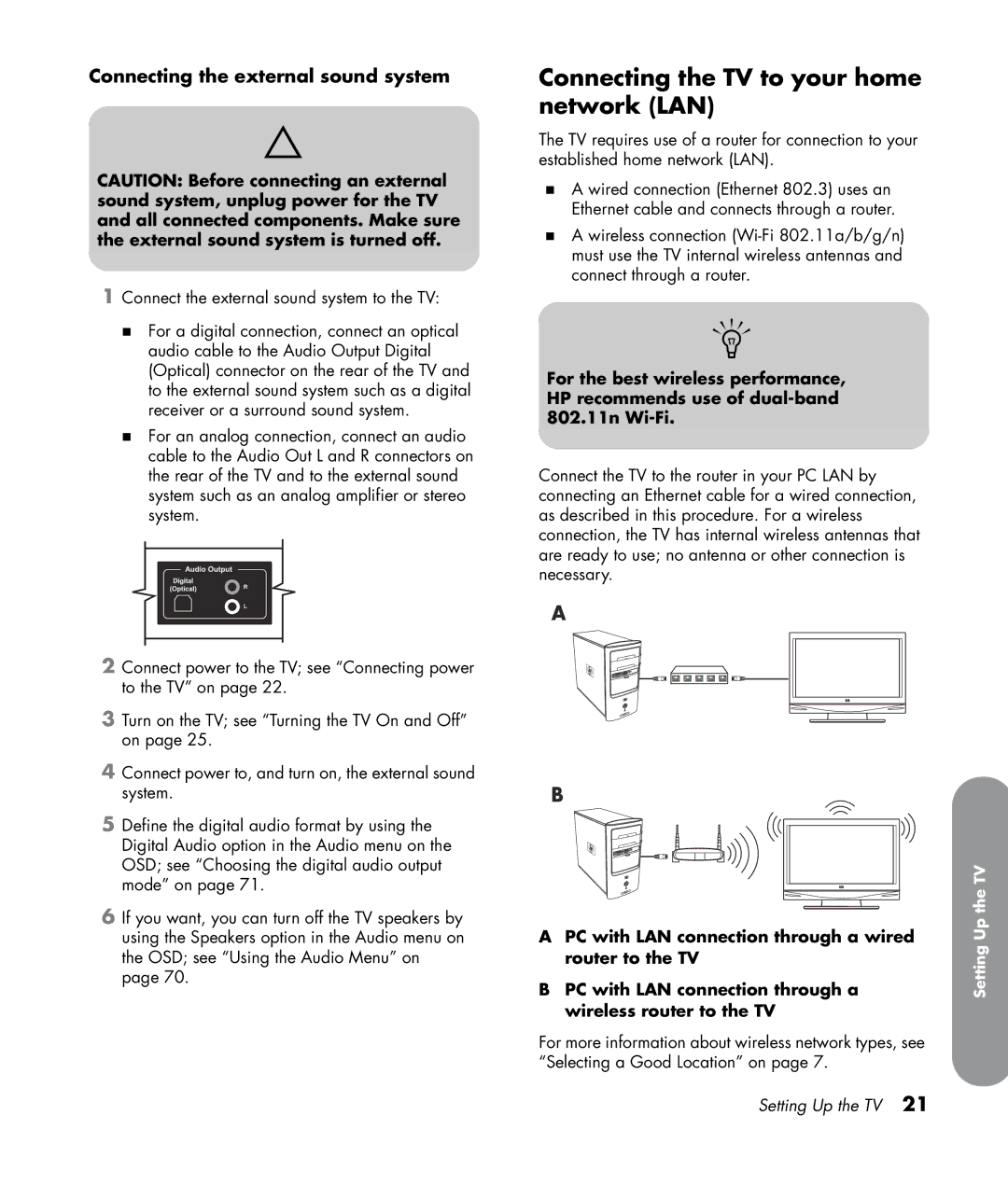 HP SL4282N 42 inch manual Connecting the TV to your home network LAN, Connecting the external sound system 