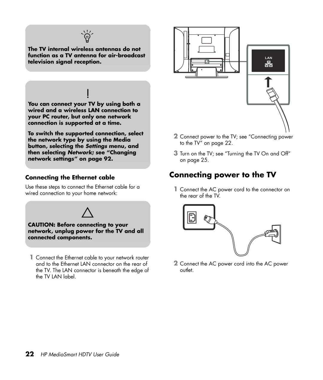 HP SL4282N 42 inch manual Connecting power to the TV, Connecting the Ethernet cable 