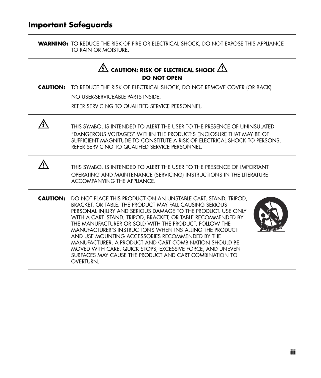 HP SL4282N 42 inch manual Important Safeguards, ECAUTION Risk of Electrical Shock w 