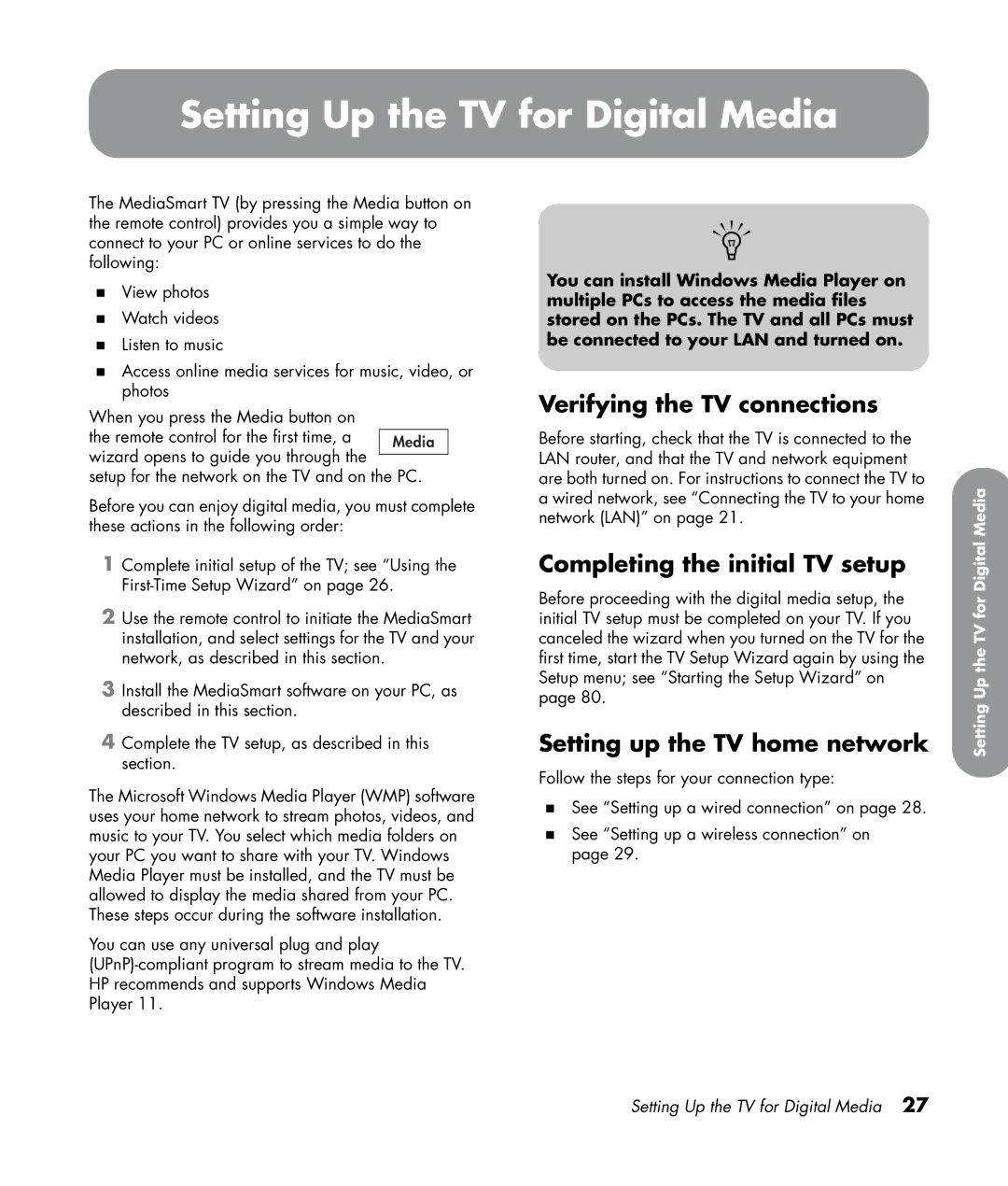 HP SL4282N 42 inch Setting Up the TV for Digital Media, Verifying the TV connections, Completing the initial TV setup 