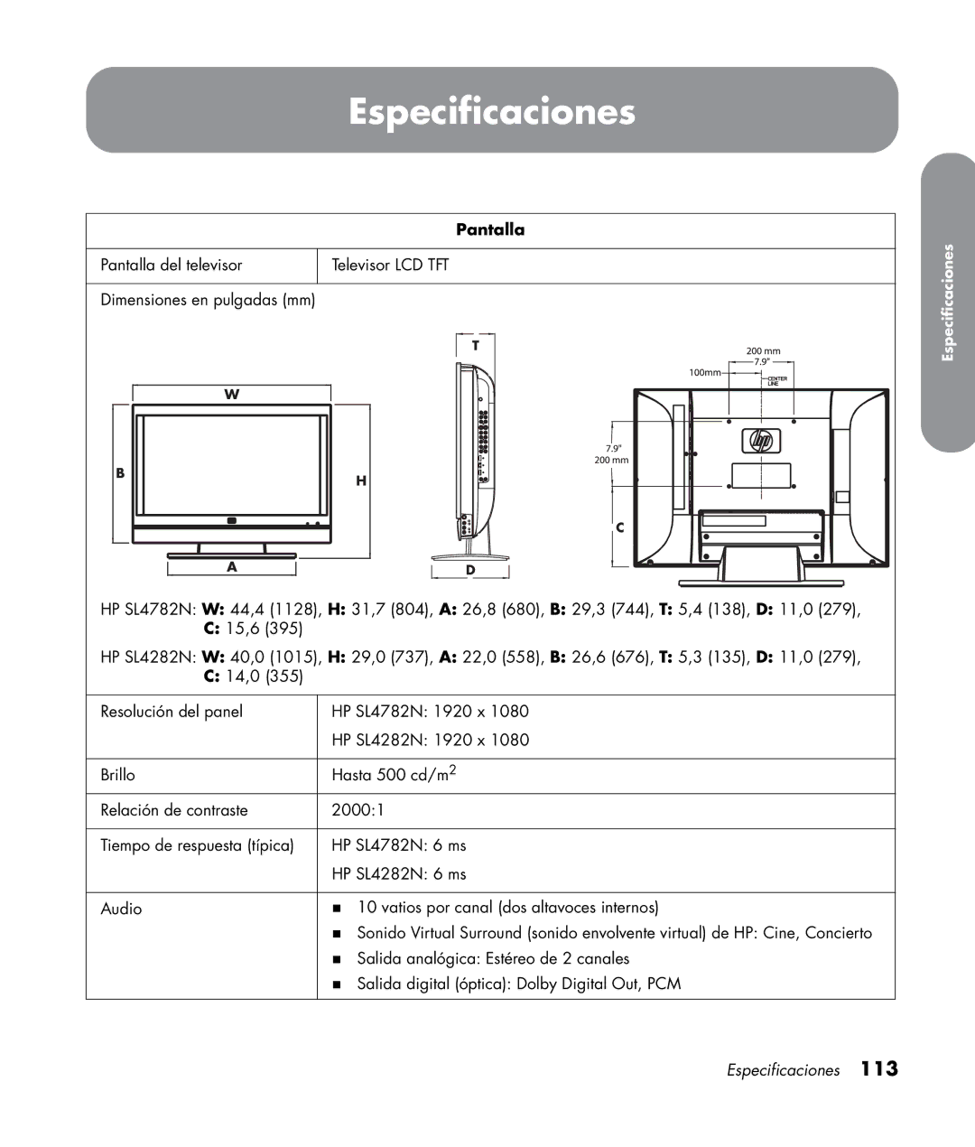 HP SL4282N 42 inch manual Especificaciones, Pantalla 