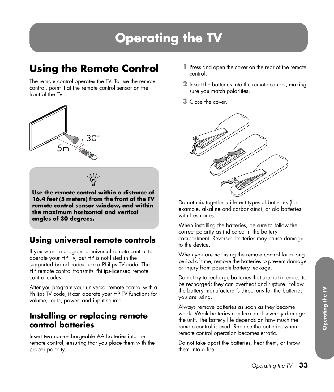 HP SL4282N 42 inch manual Operating the TV, Using the Remote Control, Using universal remote controls 