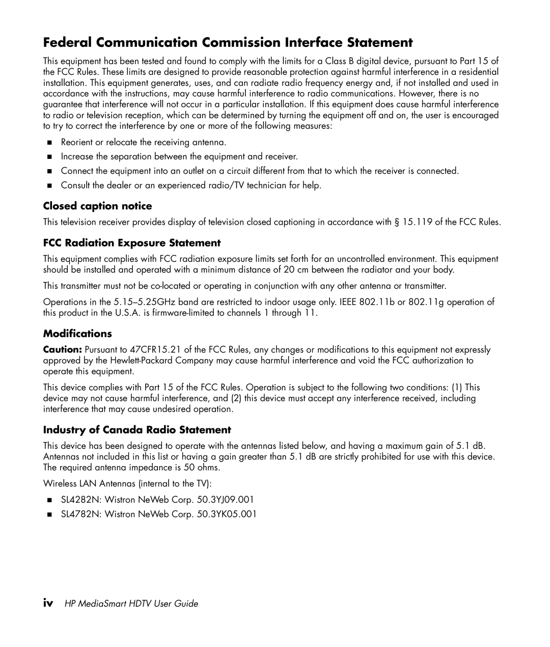 HP SL4282N 42 inch manual Federal Communication Commission Interface Statement, Closed caption notice, Modifications 