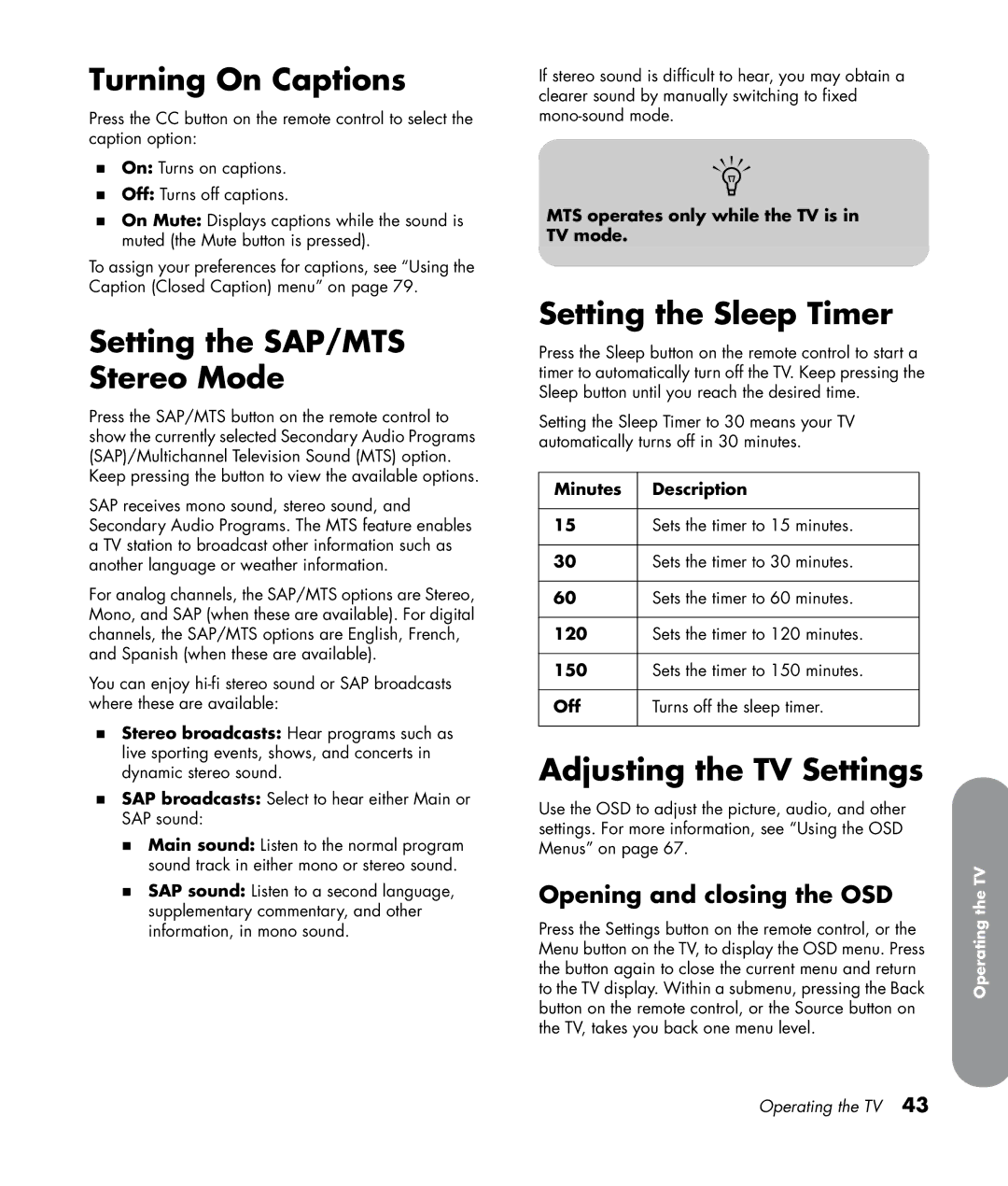 HP SL4282N 42 inch manual Turning On Captions, Setting the SAP/MTS Stereo Mode, Setting the Sleep Timer 