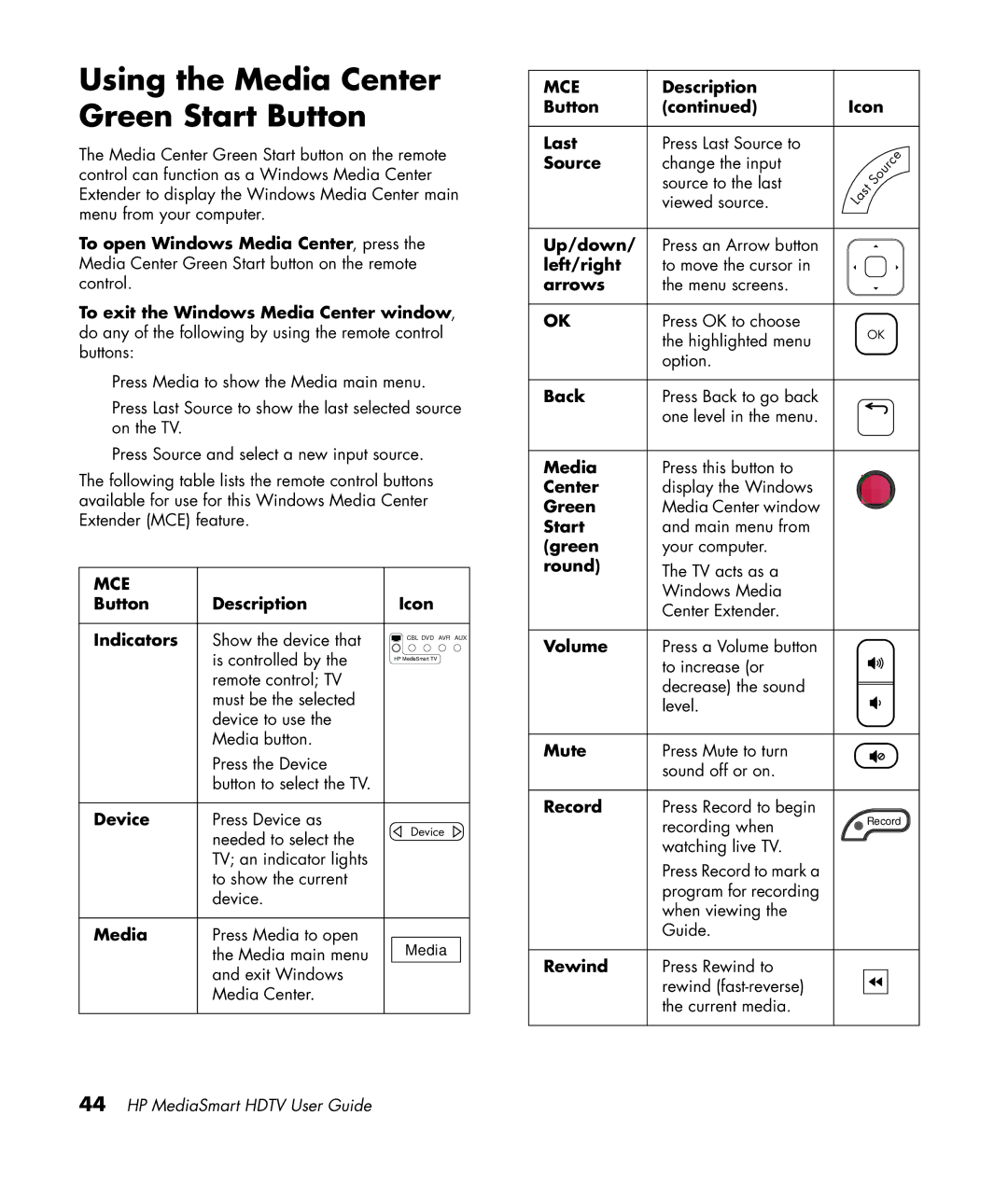 HP SL4282N 42 inch manual Using the Media Center Green Start Button, Button Description Icon Indicators, Up/down 