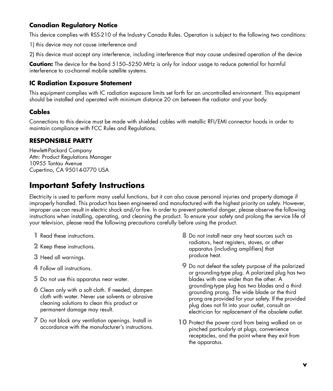 HP SL4282N 42 inch Important Safety Instructions, Canadian Regulatory Notice, IC Radiation Exposure Statement, Cables 