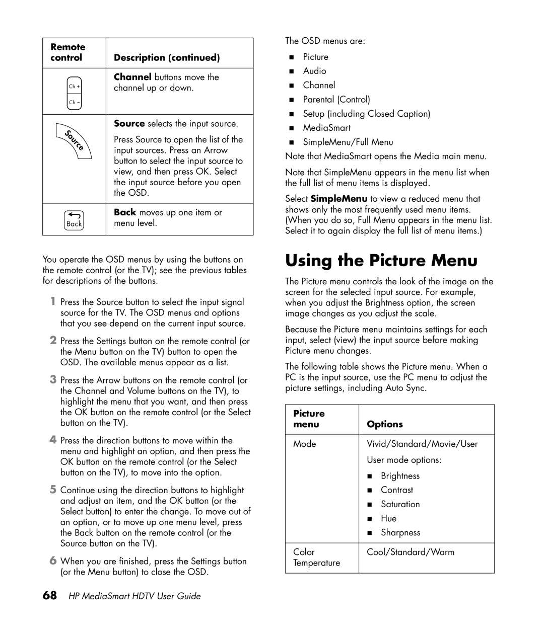 HP SL4282N 42 inch manual Using the Picture Menu, Picture Menu Options 