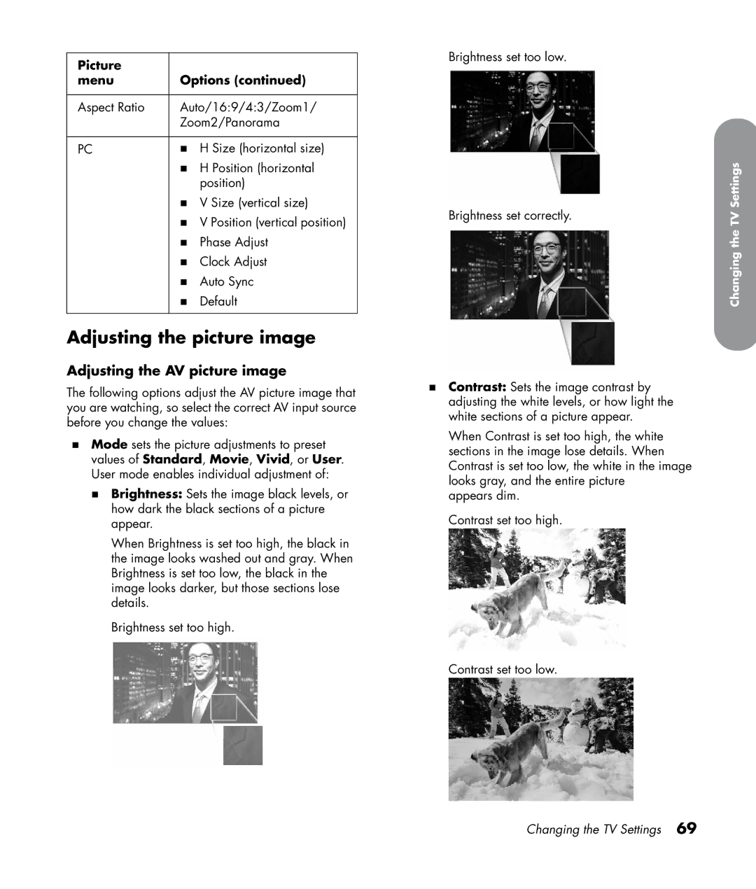 HP SL4282N 42 inch manual Adjusting the picture image, Adjusting the AV picture image 