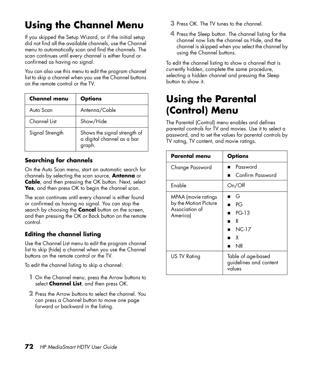 HP SL4282N 42 inch manual Using the Channel Menu, Using the Parental Control Menu, Searching for channels 