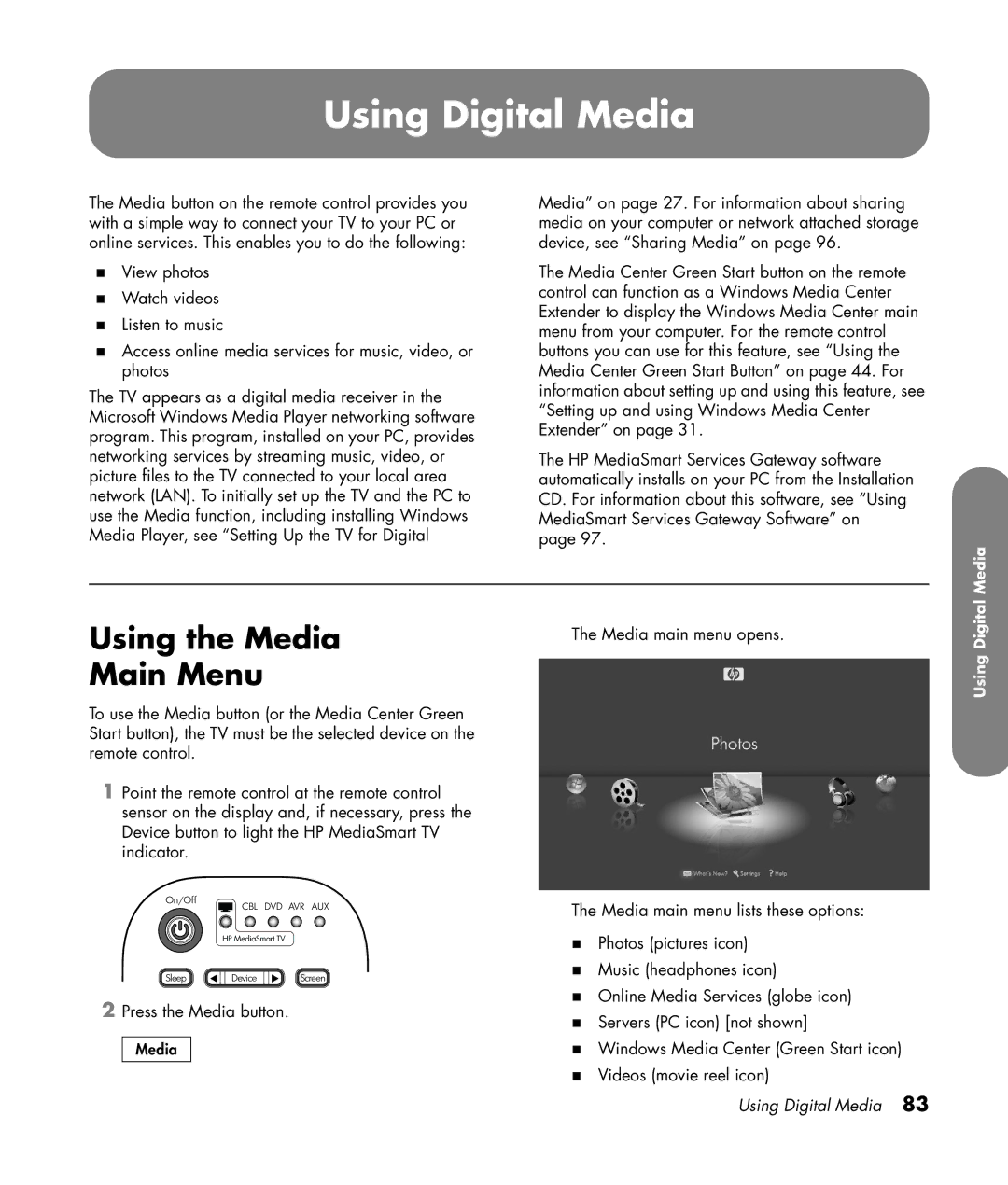 HP SL4282N 42 inch manual Using Digital Media, Using the Media Main Menu 