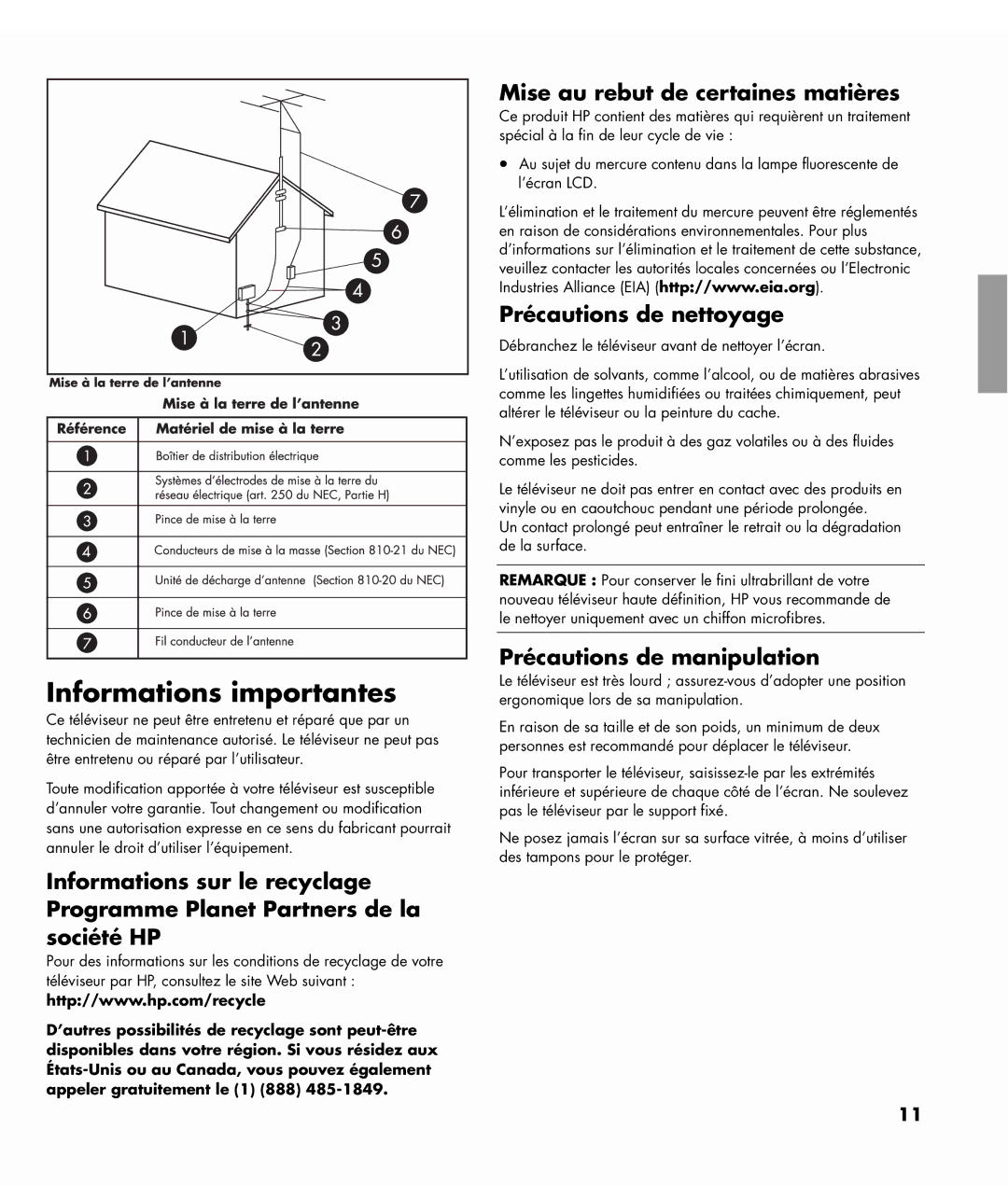 HP SL4282N 42 inch manual Informations importantes, Mise au rebut de certaines matières, Précautions de nettoyage 