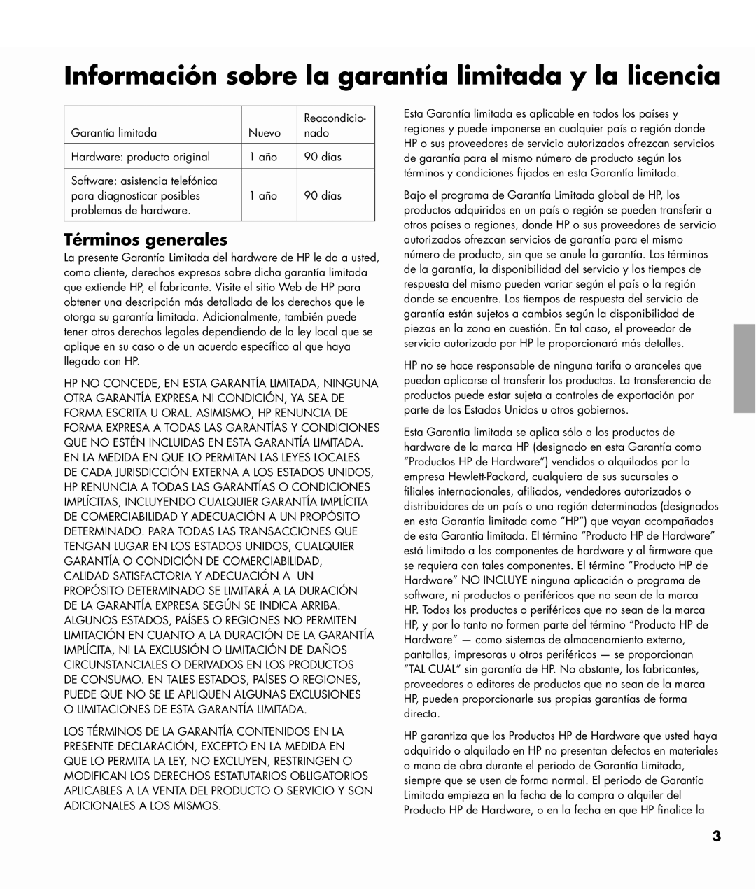 HP SL4282N 42 inch manual Información sobre la garantía limitada y la licencia, Términos generales 