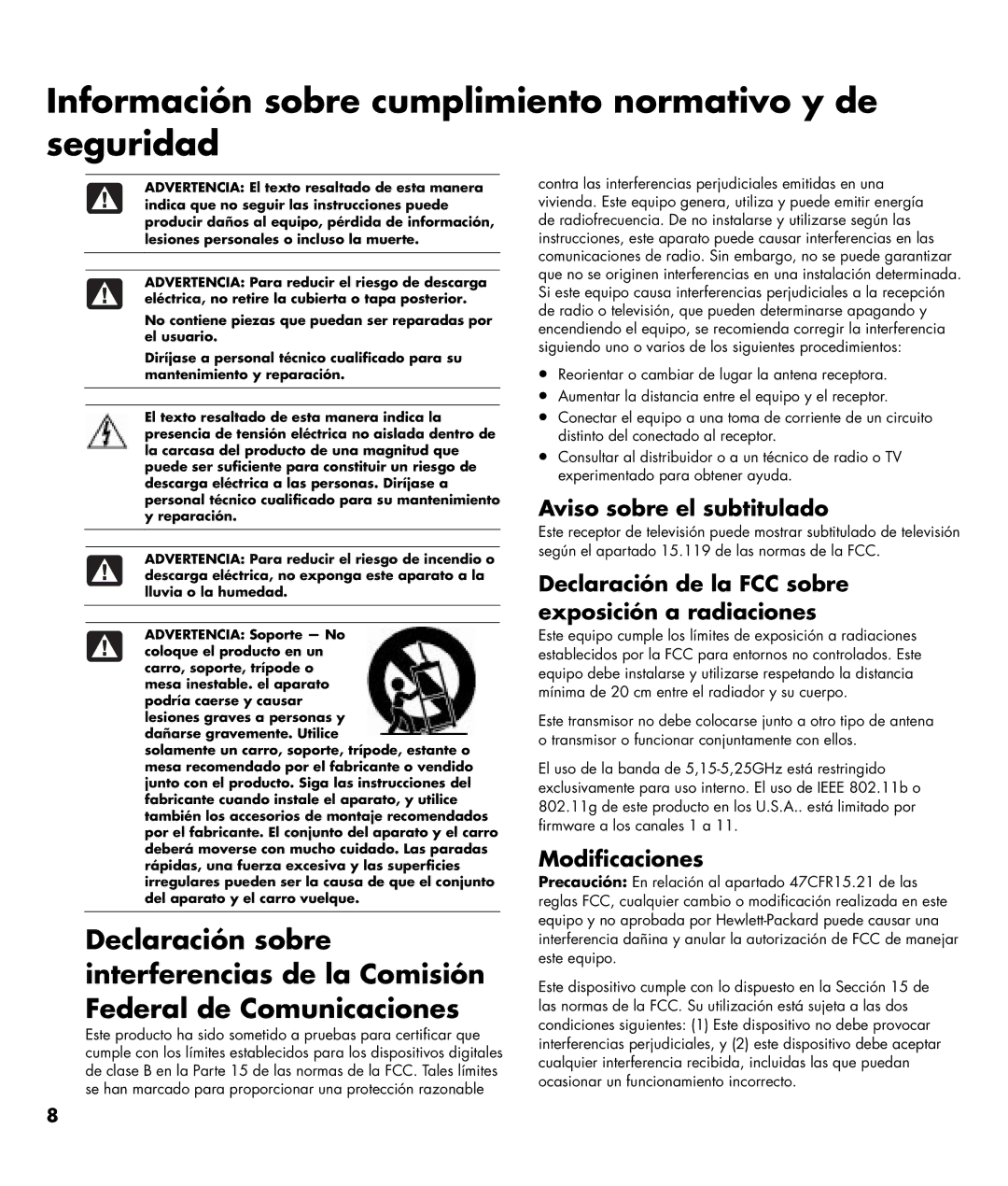 HP SL4282N 42 inch Información sobre cumplimiento normativo y de seguridad, Aviso sobre el subtitulado, Modificaciones 