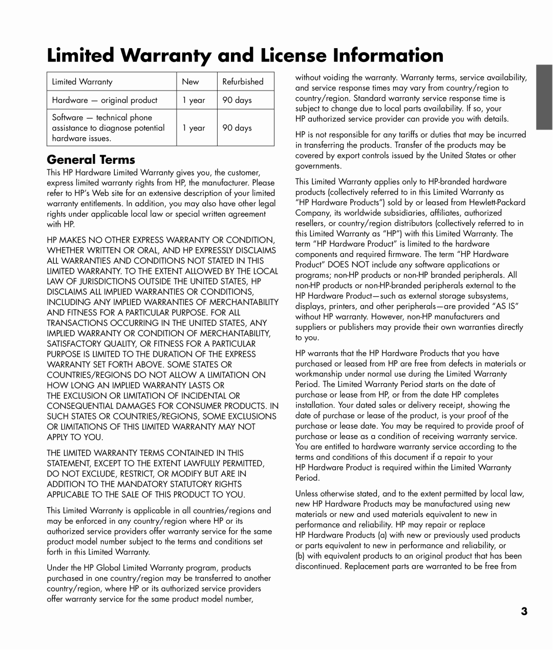 HP SL4282N 42 inch manual Limited Warranty and License Information, General Terms 