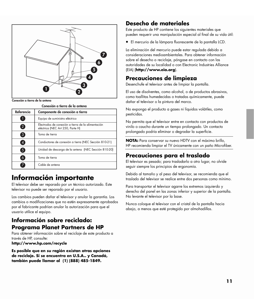 HP SL4282N 42 inch manual Información importante, Información sobre reciclado Programa Planet Partners de HP 