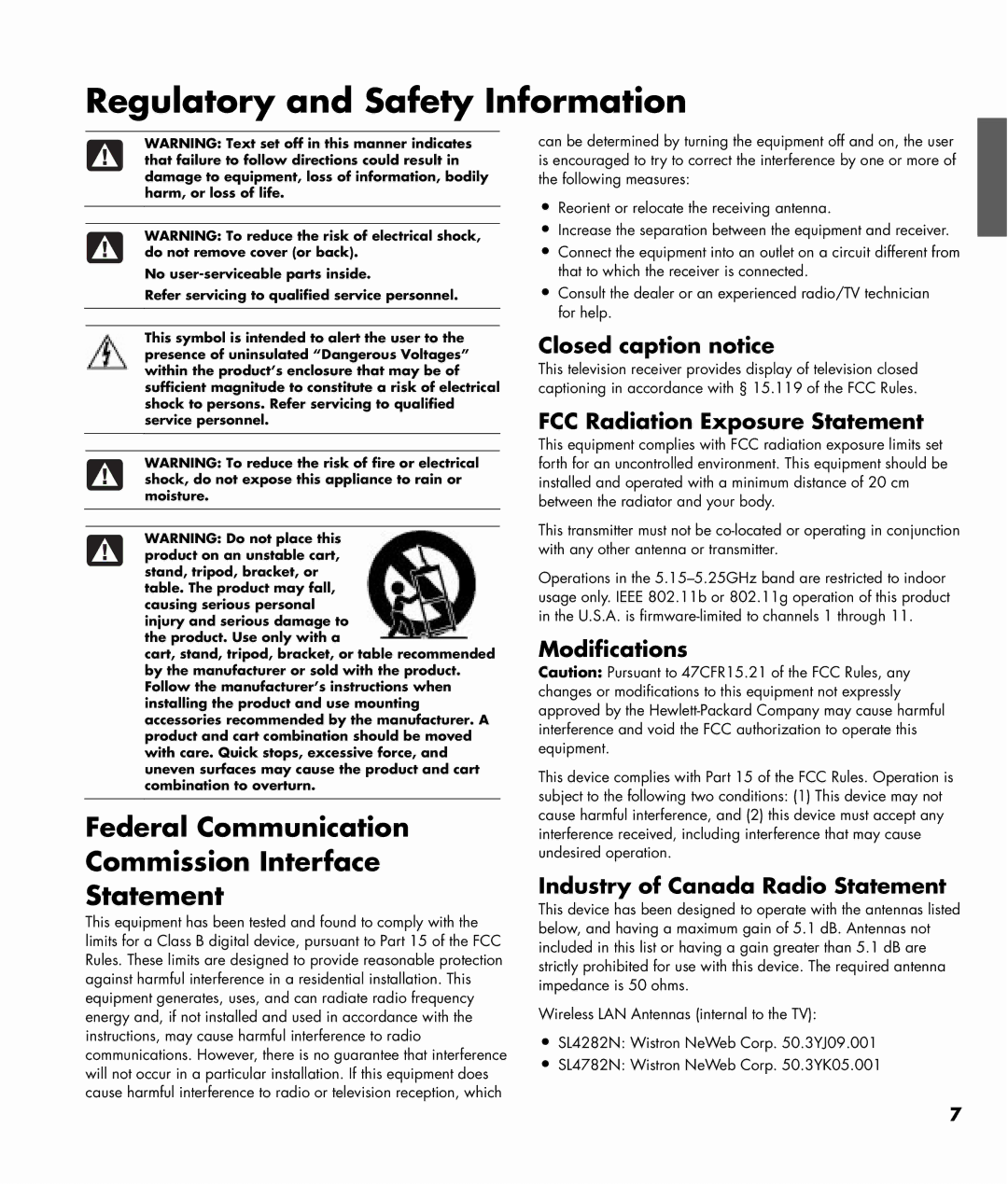 HP SL4282N 42 inch manual Regulatory and Safety Information, Federal Communication Commission Interface Statement 