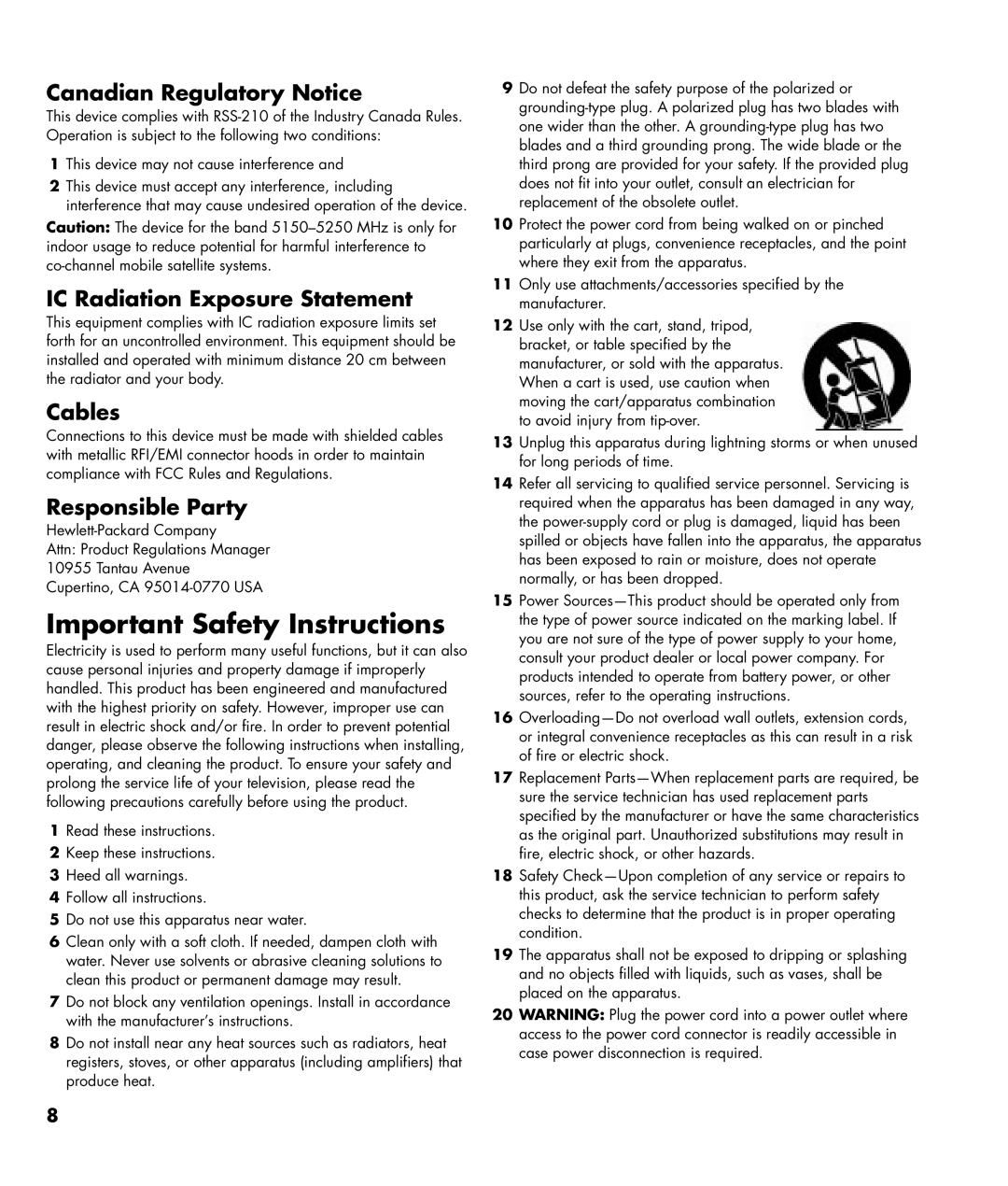 HP SL4282N 42 inch Important Safety Instructions, Canadian Regulatory Notice, IC Radiation Exposure Statement, Cables 