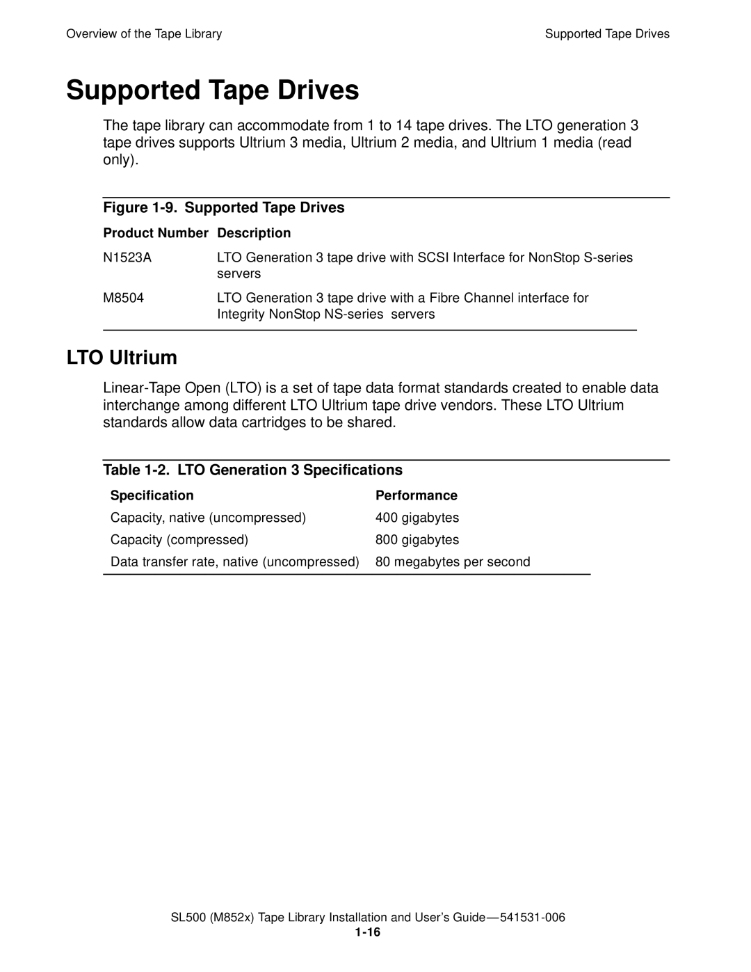 HP SL500 (M852x) manual Supported Tape Drives, LTO Ultrium, LTO Generation 3 Specifications, Product Number Description 