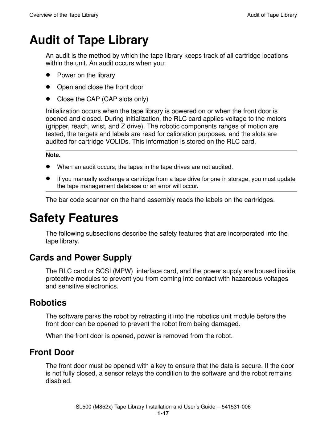 HP SL500 (M852x) manual Audit of Tape Library, Safety Features, Cards and Power Supply, Robotics, Front Door 