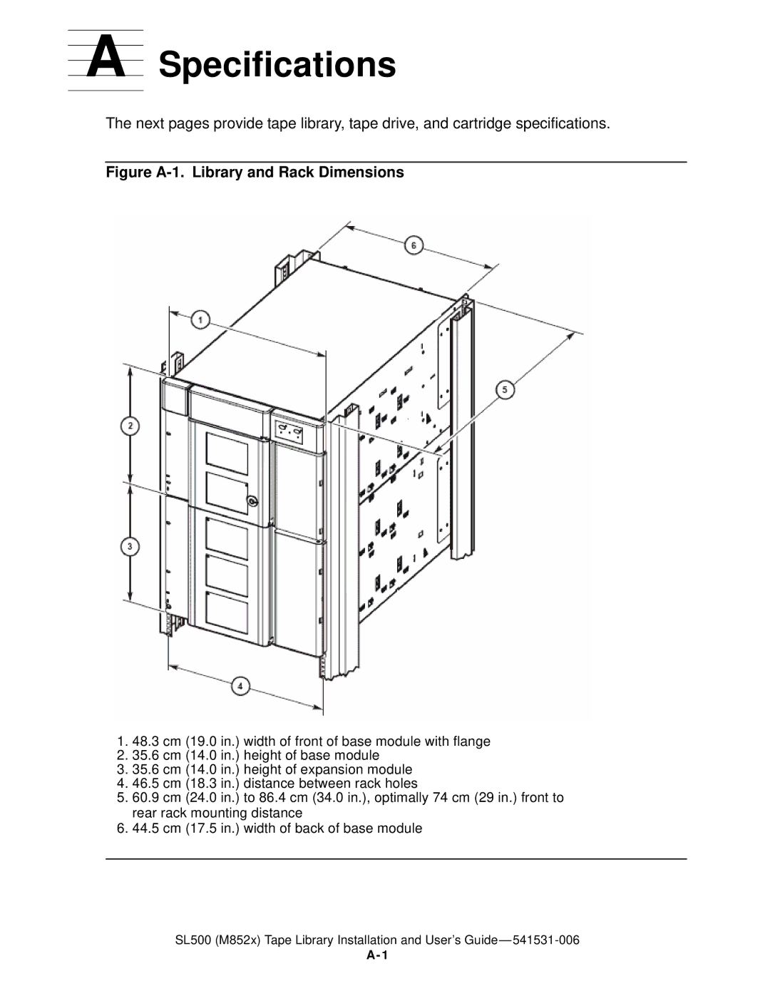 HP SL500 (M852x) manual Specifications, Figure A-1. Library and Rack Dimensions 