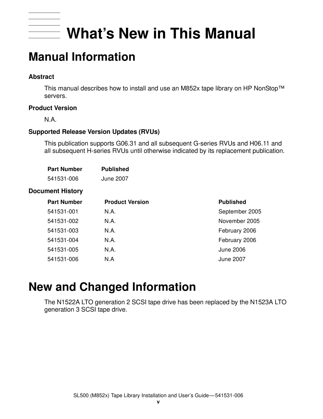 HP SL500 (M852x) manual What’s New in This Manual, Manual Information, New and Changed Information, Document History 