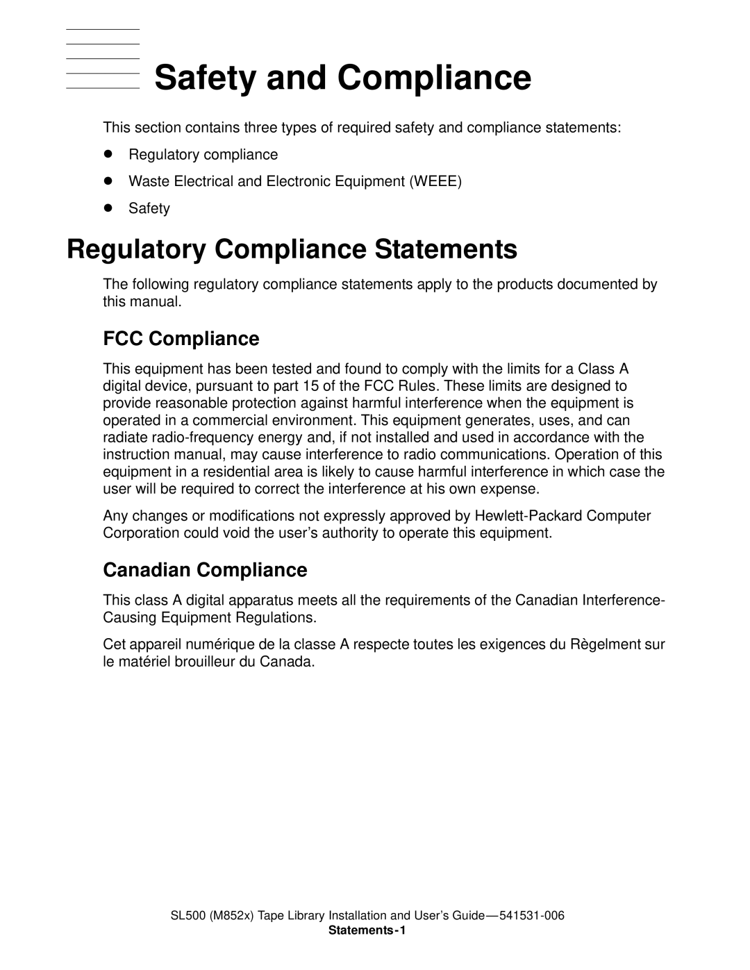 HP SL500 (M852x) manual Safety and Compliance, Regulatory Compliance Statements, FCC Compliance, Canadian Compliance 