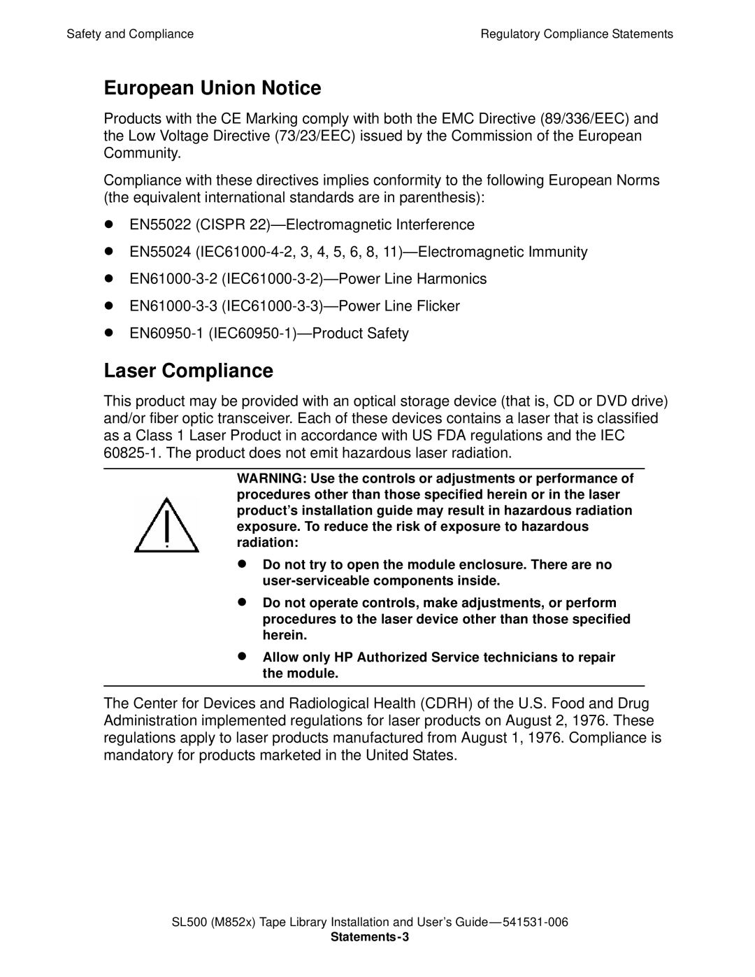 HP SL500 (M852x) manual European Union Notice, Laser Compliance 