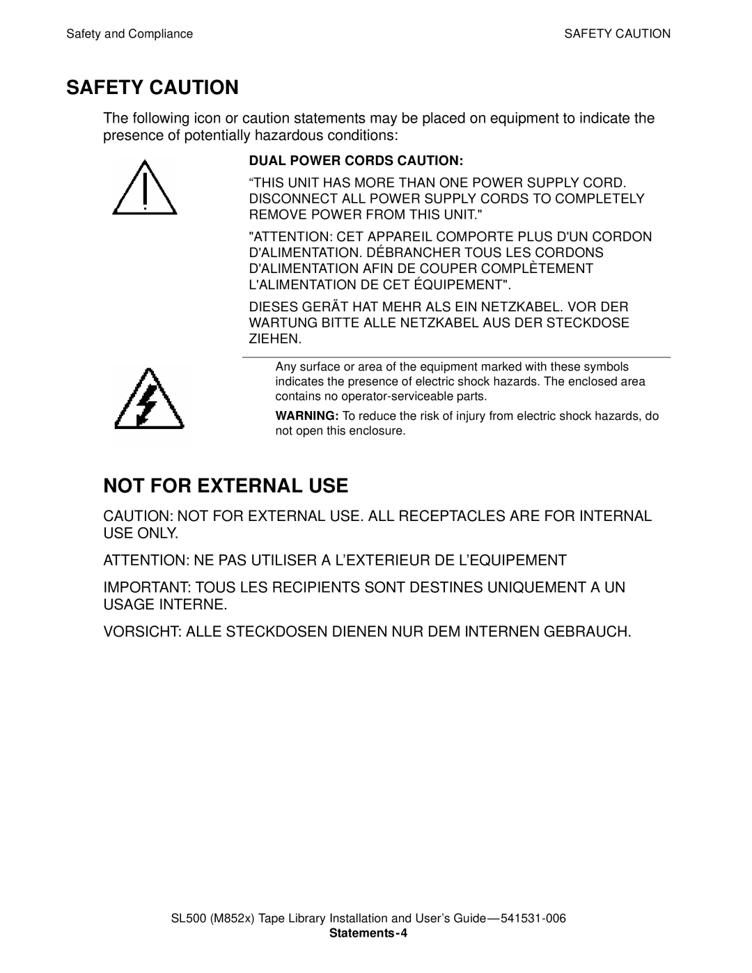 HP SL500 (M852x) manual Safety Caution 