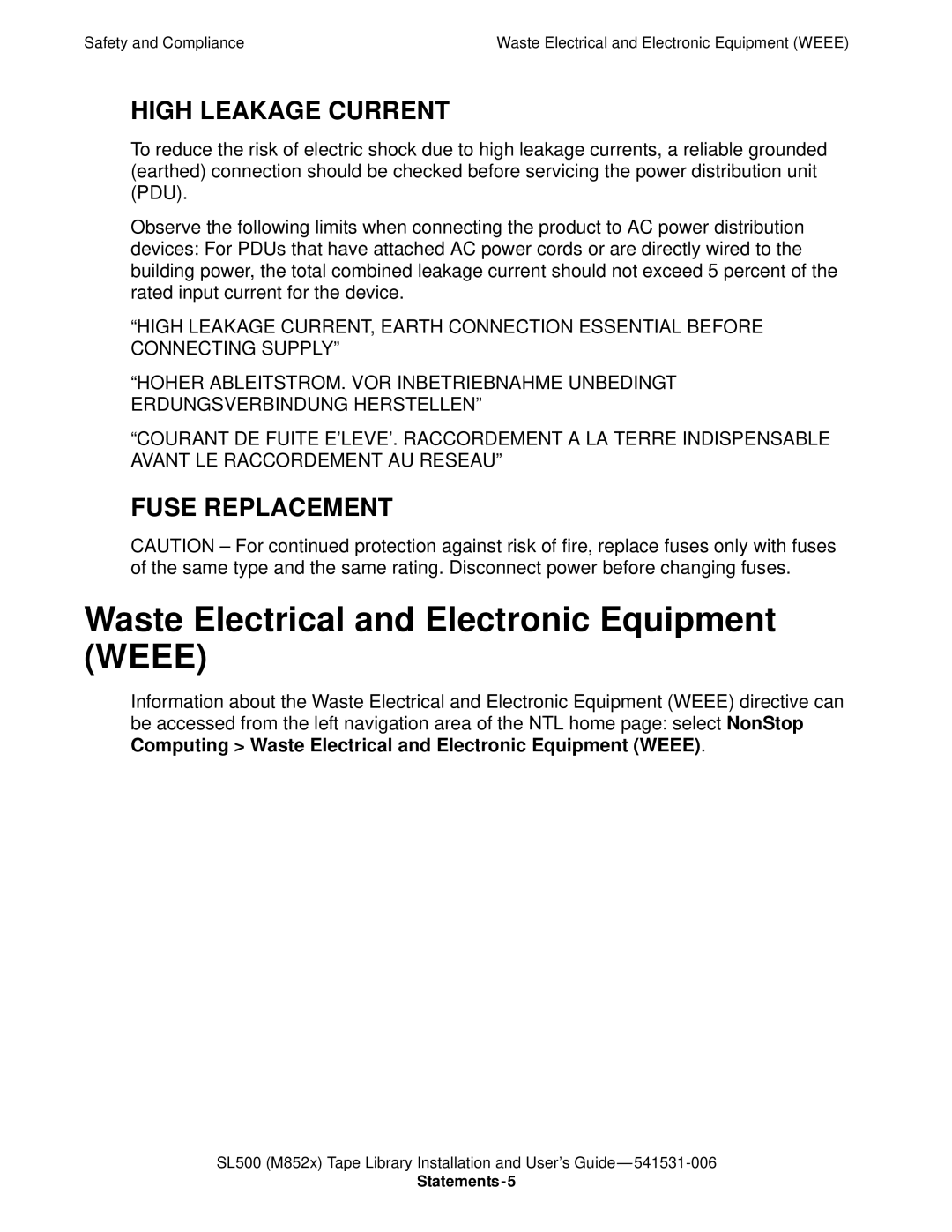 HP SL500 (M852x) manual Waste Electrical and Electronic Equipment Weee, High Leakage Current 