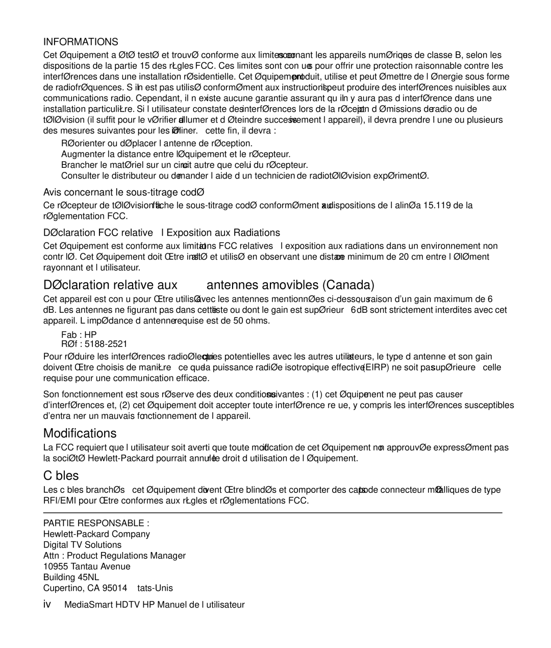 HP SLC3760N 37 inch manual Déclaration relative aux antennes amovibles Canada, Câbles, Avis concernant le sous-titrage codé 