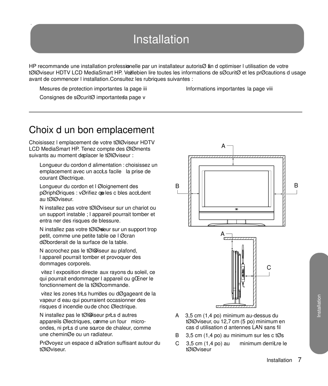 HP SLC3760N 37 inch manual Installation, Choix d’un bon emplacement 