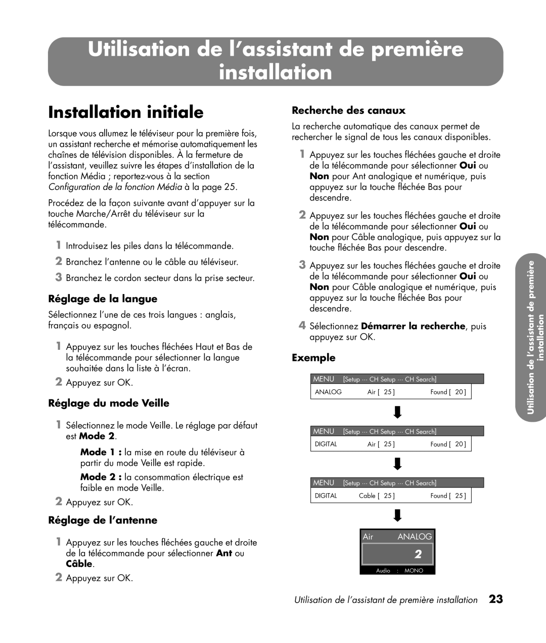 HP SLC3760N 37 inch manual Utilisation de l’assistant de première Installation, Installation initiale 