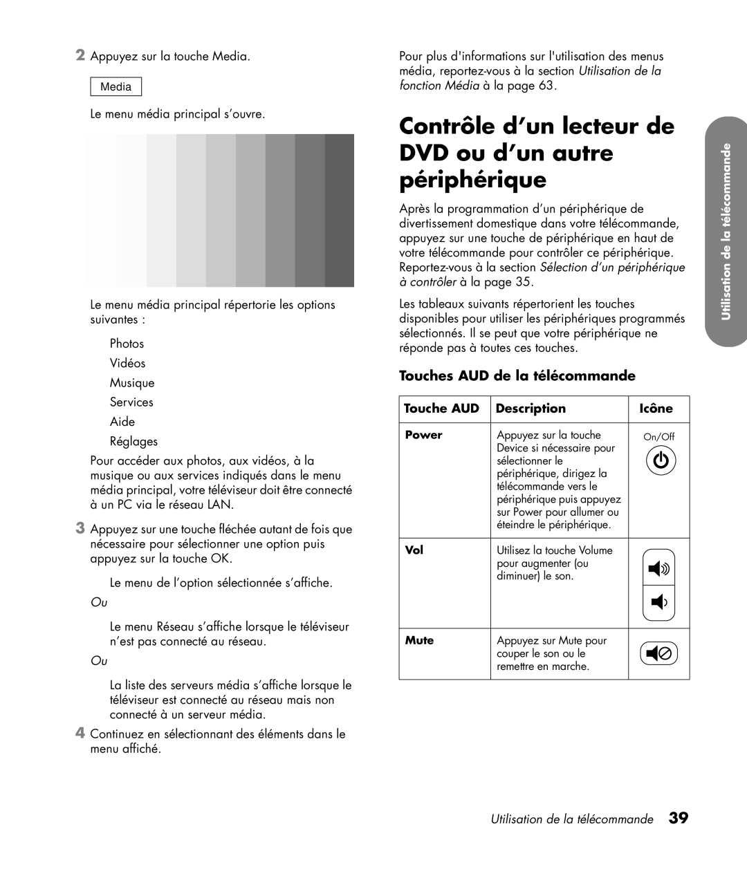 HP SLC3760N 37 inch manual Contrôle d’un lecteur de DVD ou d’un autre périphérique, Touches AUD de la télécommande 